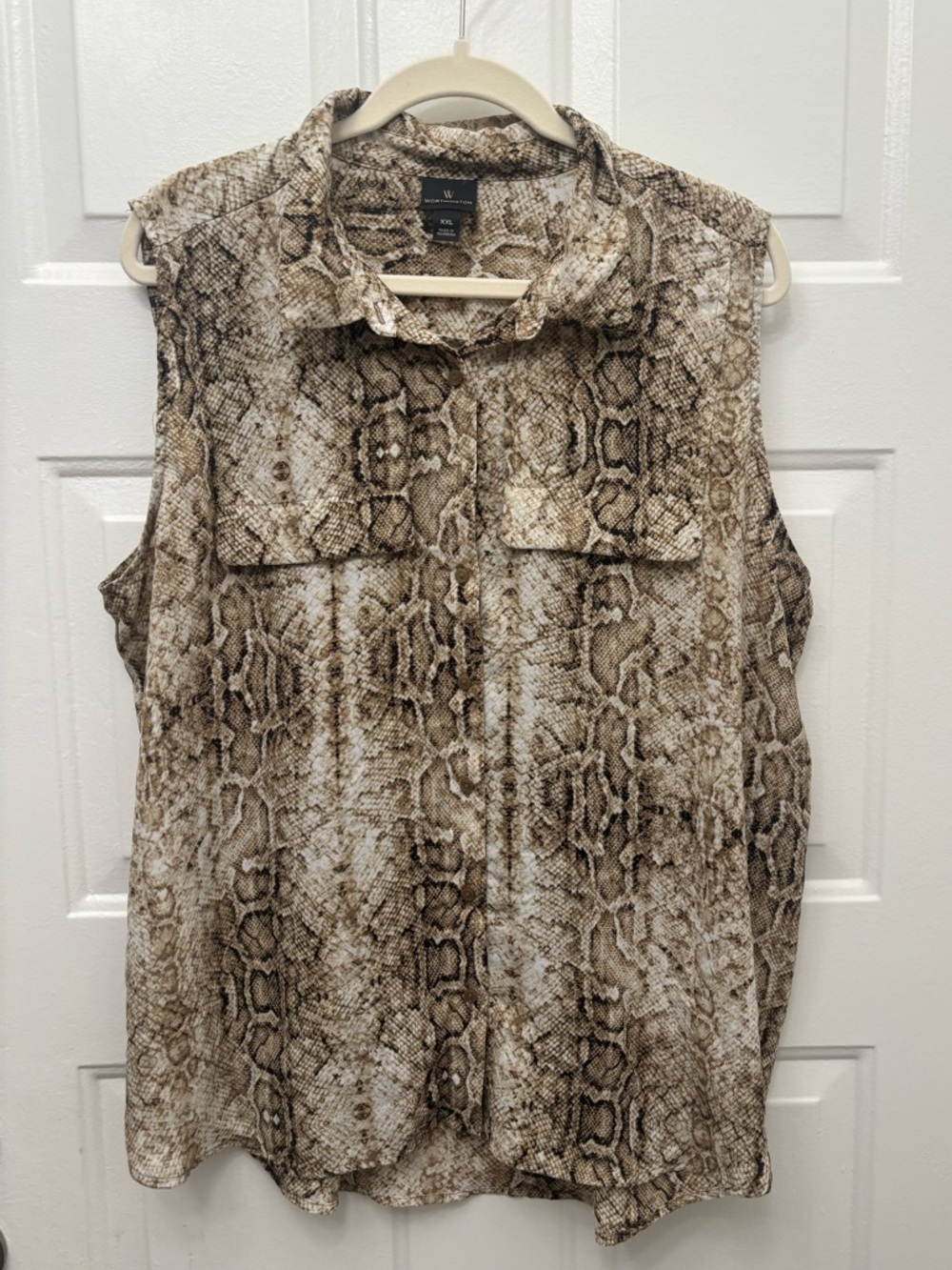 Worthington Sleeveless Snakeskin Print Blouse in Brown and Cream
